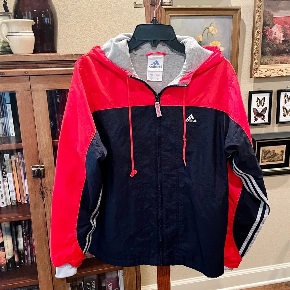 Adidas men’s full zip hooded lined windbreaker jacket w/ pockets SZ M navy red - Picture 2 of 12